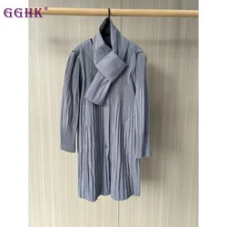 GGHK Pleated Women Cotton Coat Pure Color Vintage Long Sleeve Scarf Collar Design Thickened Warm Female Cotton Coat 2024 Winter