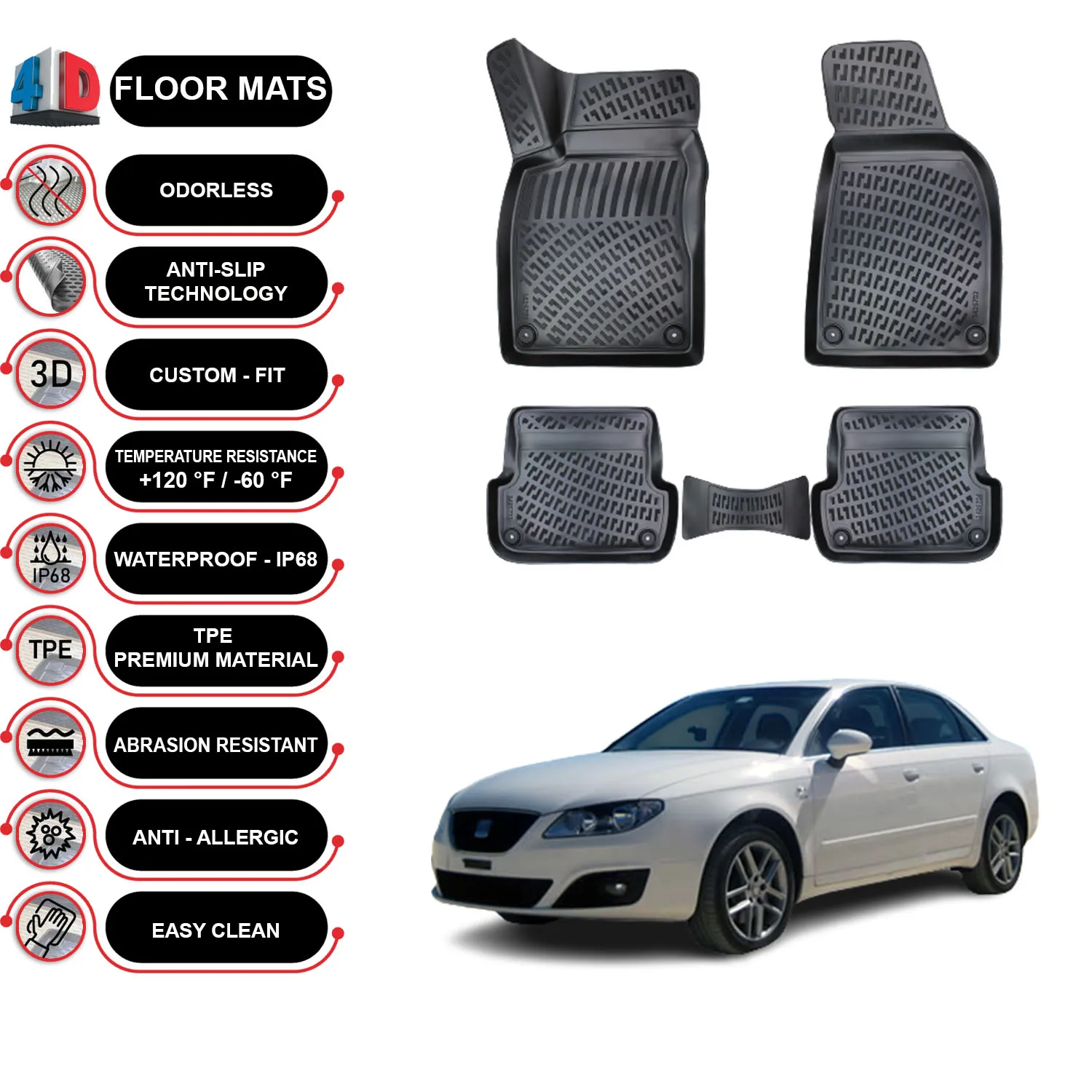 

Seat Exeo - (2008-2011) Floor Mats Liner Waterproof 3D - (Black)