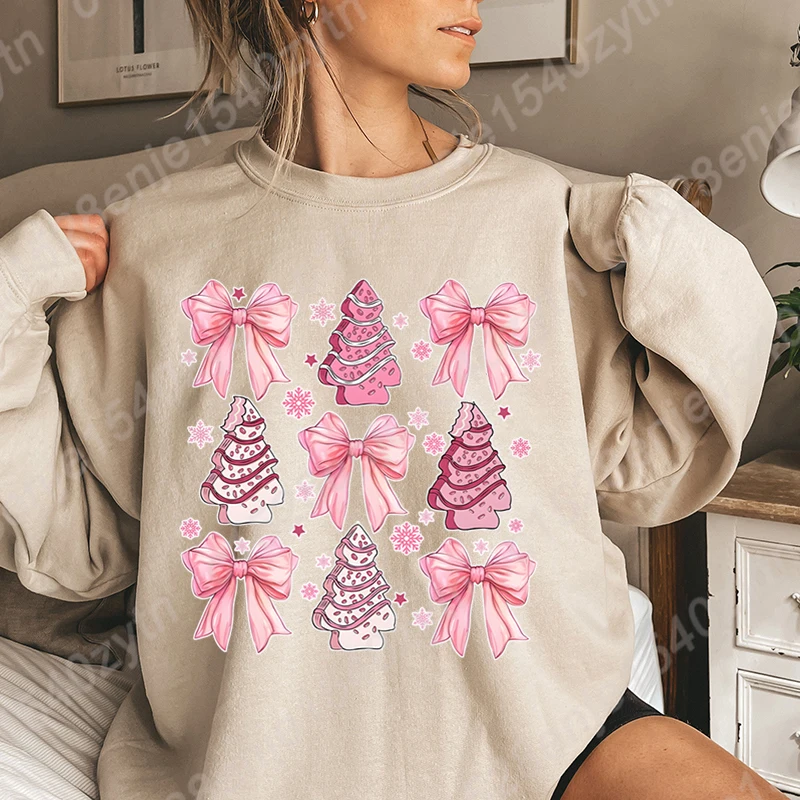 Christmas Pink Bow Gingerbread Print Sweatshirts Autumn Winter Long Sleeve Round Neck Casual Pullovers Women Hoodless Sweatshirt