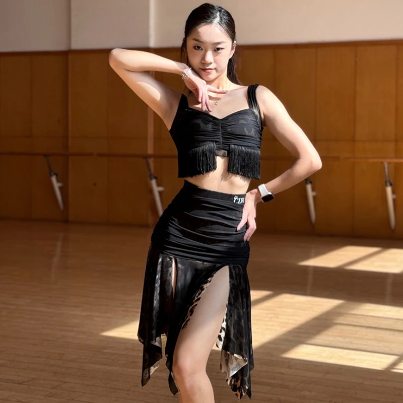 

Sexy Latin Dance Costume Women Summer Tassel Tops Slit Skirt Rumba Cha Cha Tango Dance Performance Clothes Black Dress DNV20186