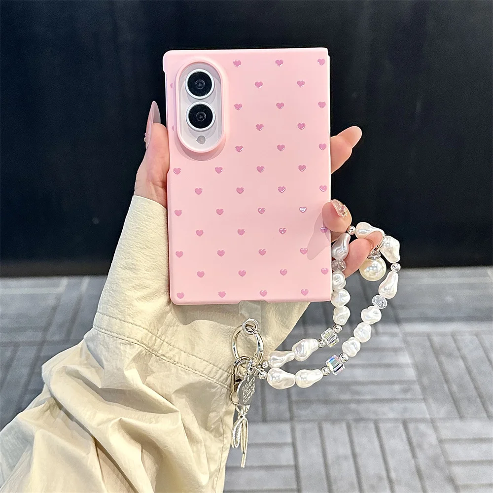 New Korean Cartoon Full screen of hearts Phone case for Samsung Galaxy Z Fold 8 Ultra Z Fold 8 PC Shockproof Cover Stand Chain