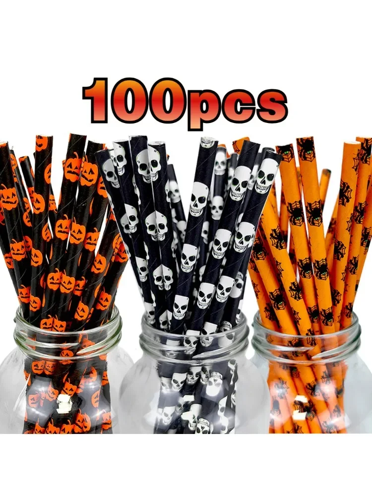 25/100szt Papierowe słomki na imprezę Halloween Biodegradowalne słomki na nietoperz Dynia Pająk do upiornej dekoracji na Halloween — 2
