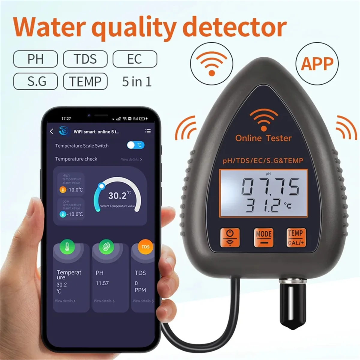 

QA08I Tuya WiFi 5в1 тестер качества воды онлайн-монитор TDS EC S.G измеритель температуры солености измеритель pH для бассейна (C) вилка европейского стандарта