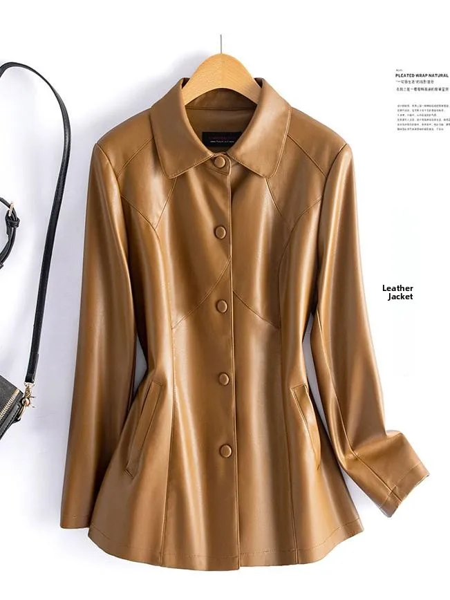 

Faionable ort Leather Jaet Women's Real eepskin Slim Fit Waist Cinched Spring Autumn Sle Commute Windbreaker