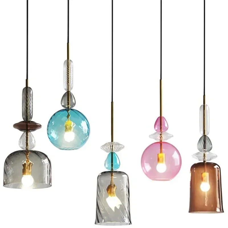 Lustre de vidro manchado macaron escandinavo, luminária suspensa com lâmpada e27