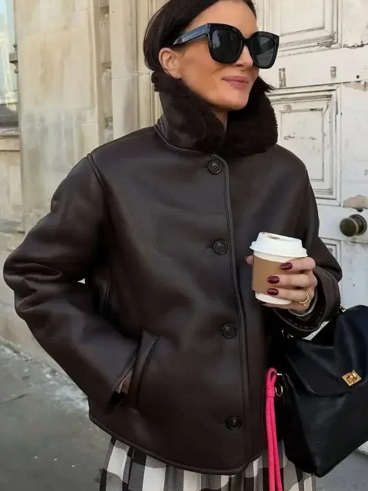 

Двусторонняя кожаная куртка с меховым воротником, женская повседневная однобортная короткая куртка с длинными рукавами и лацканами, 2026, женская верхняя одежда для поездок на работу