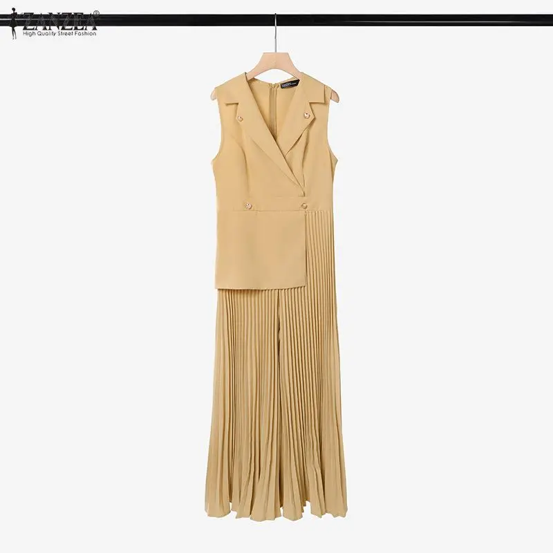 ZANZEA Women Work OL Overalls Elegant Sleeveless Lapel Neck Pleated Playsuits Patchwork Collect Waist Solid Color Jumpsuits