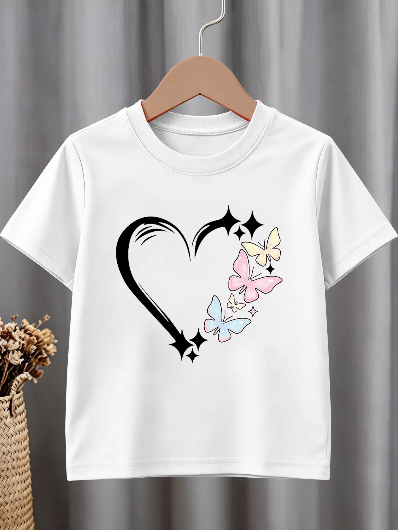 Cute Heart Star Butterfly Print Graphic Kids Tee Boys Girls Family Matching Cotton Crew Neck Short Sleeve Soft Summer Tee
