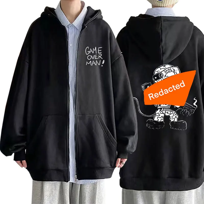 Forward Observations Group Game Over Man Redacted Zipper Hoodie Male Oversized Zipper Sweatshirt Men Gothic Rock Zip Up Jacket