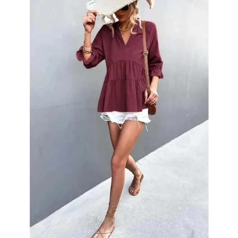 Customized Womens 3 4 Sleeve V Neck Babydoll Blouses Casual Personalized Custom Loose Fitted Daily Wear Blouses Shirts