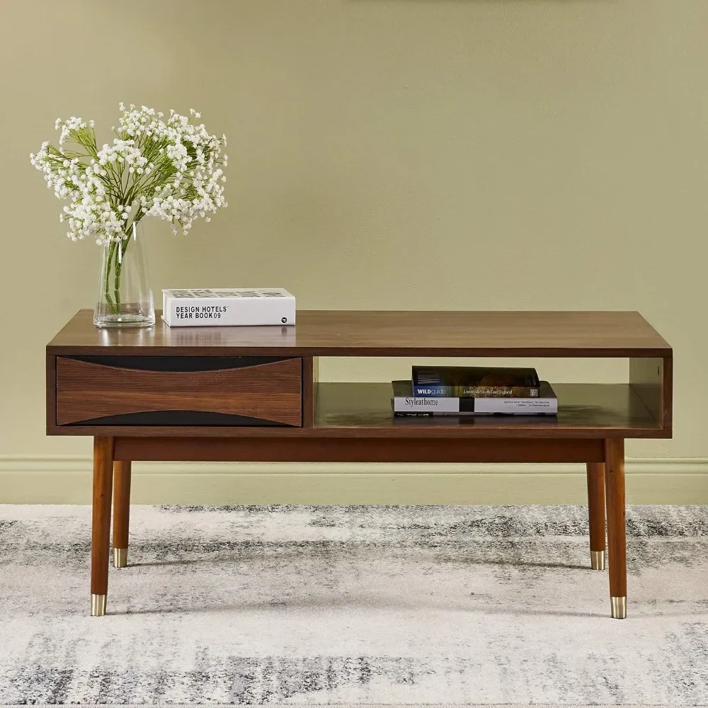 40 In. X 21.63 In. Wooden Mid-Century Modern Coffee Table With Drawer and Shelf Dinning Tables Sets Nightstands Furniture