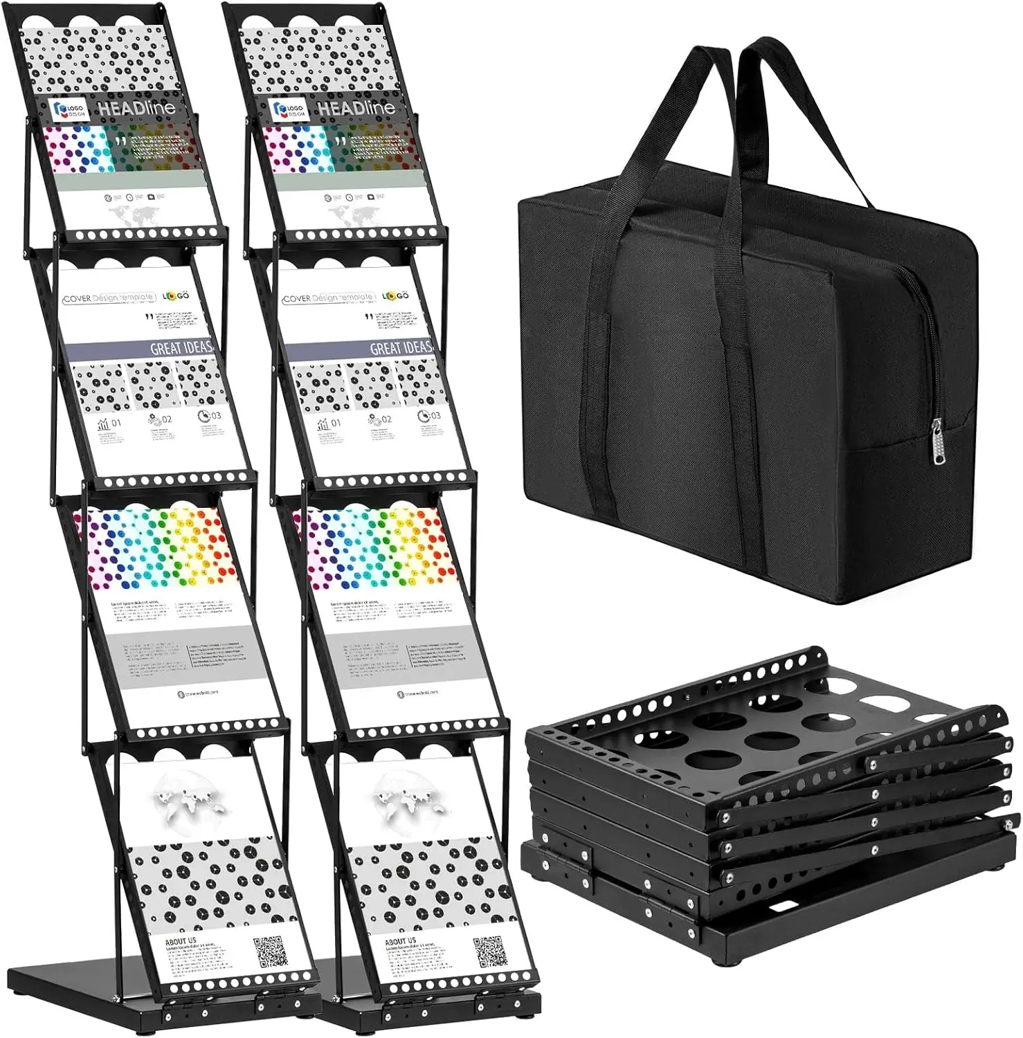 

2 Pieces Foldable Magazine Rack Metal Catalog Literature Rack Portable 4 Pockets with Carrying Bag Brochure Stand Literature