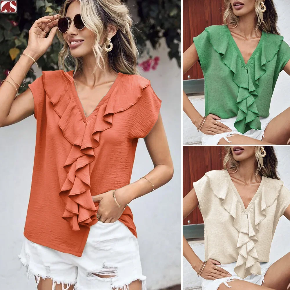 

Women Spring Summer Shirt Solid Color V Neck Short Sleeves Sheath Sexy Casual Fashion Comfortable Regular Standard Fit Shirt