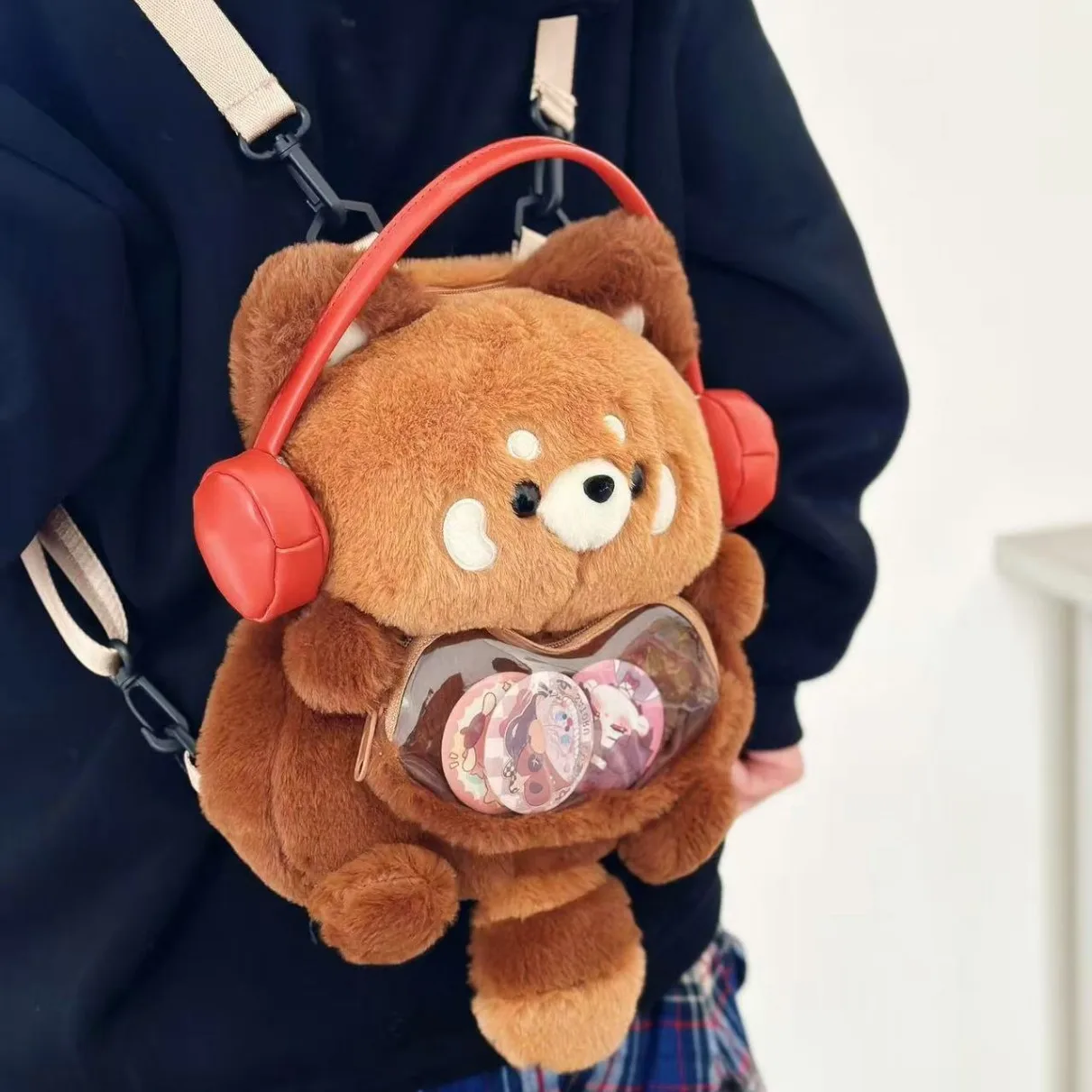 لطيف أفخم الباندا الأحمر على ظهره سعة كبيرة لينة حقيبة كتف الموضة Kawaii رقيق ارتداء سماعات الحيوان حقيبة امرأة فتاة هدية