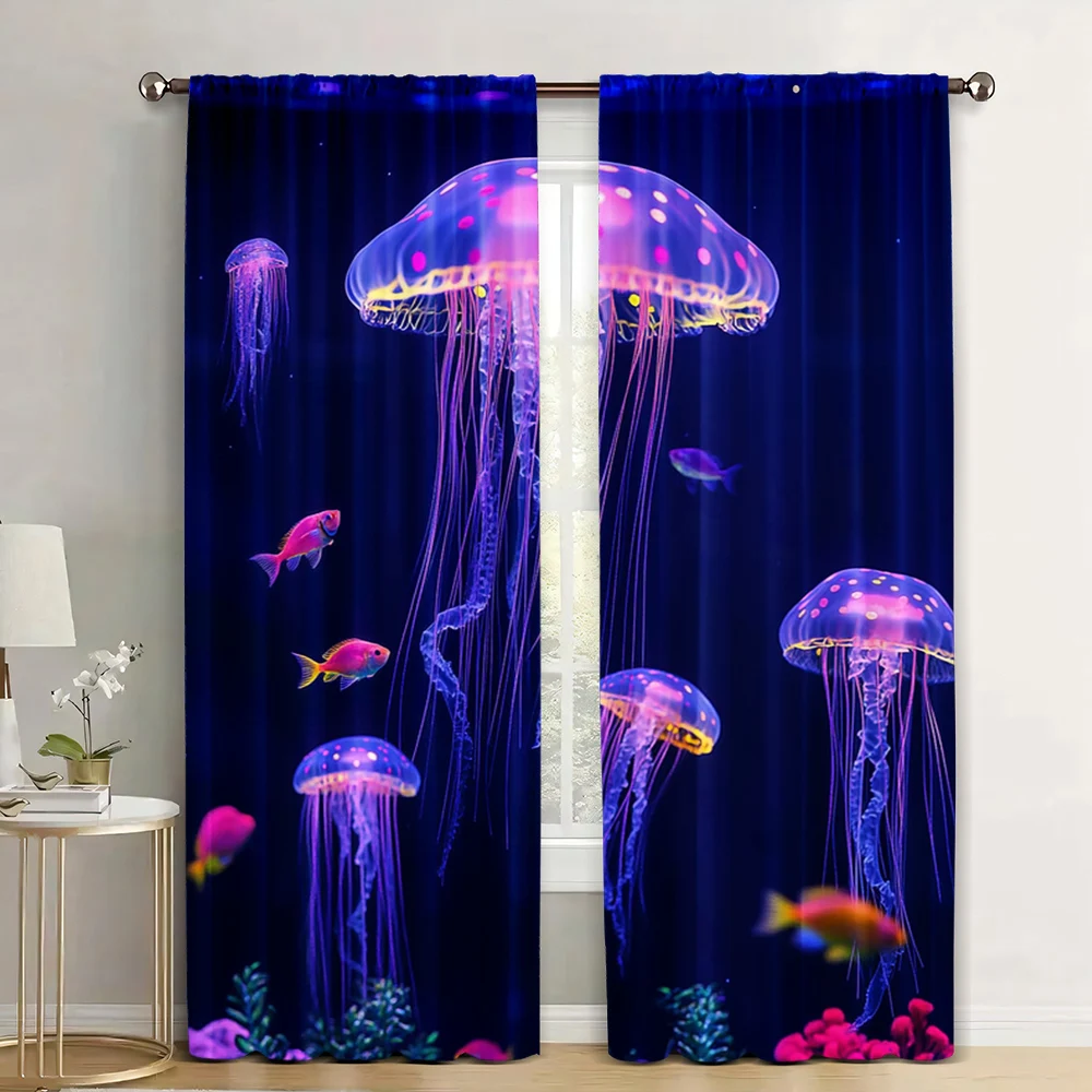 2Pcs Jellyfish Curtains Ocean Creature Curtains For Living Room Sea Underwater World Blue Drapes Marine Life Decor Window