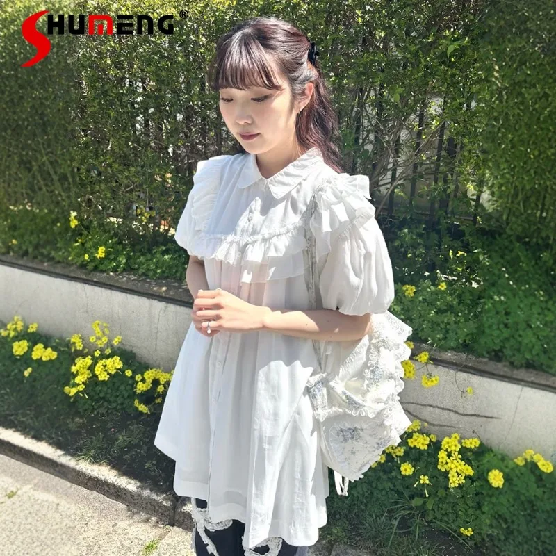 

Japanese Style Single-Breasted Ruffled Fresh Striped Short-Sleeves Vestidos Waist-Cinching Shirt Dress Sweet Short Dresses Women