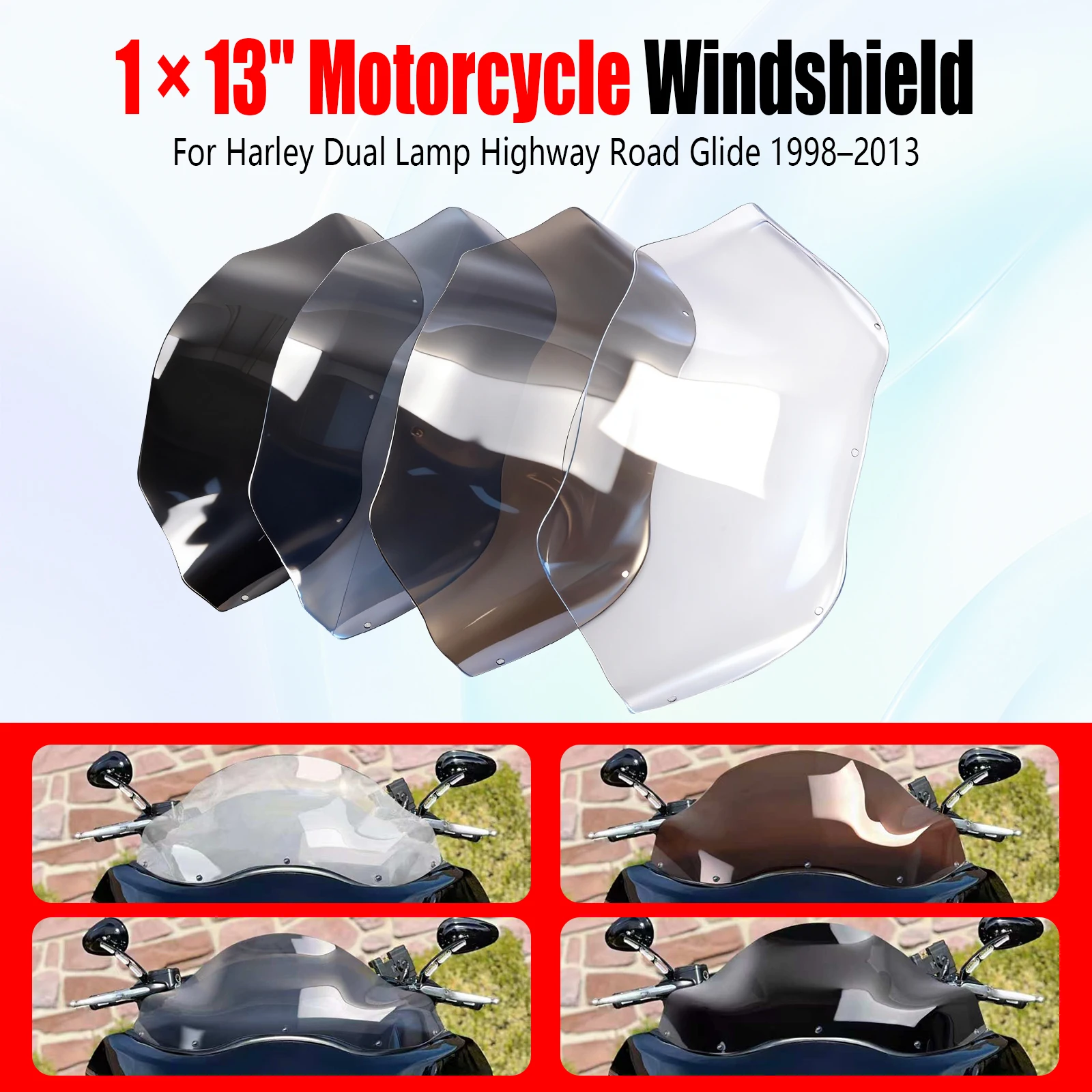 Motorcycle Windshield Suitable for Harley Davidson Dual Light Highway - Road Glide 1998–2013 13 Inch Deep Black 1 Piece