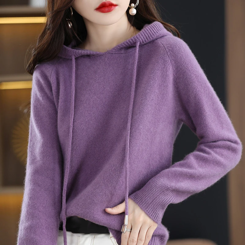 Women Warm Wool Hooded Pullover Sweaters Autumn Winter Solid Color Jumper Korean Fashion Cashmere Knitted Hooded Tops