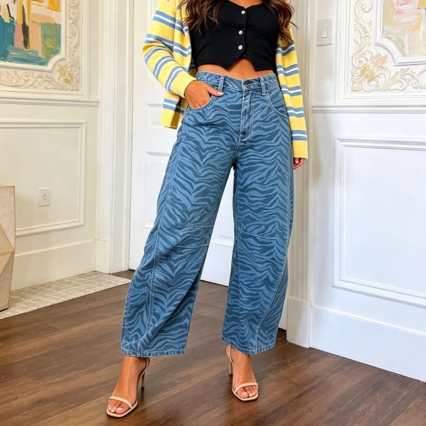 Women Zebra Print Wide Leg Pants Jeans Denim Trousers Full Lenth Mid Waist Zipper Loose Y2k Casual Streetwear Casual 2026 Spring