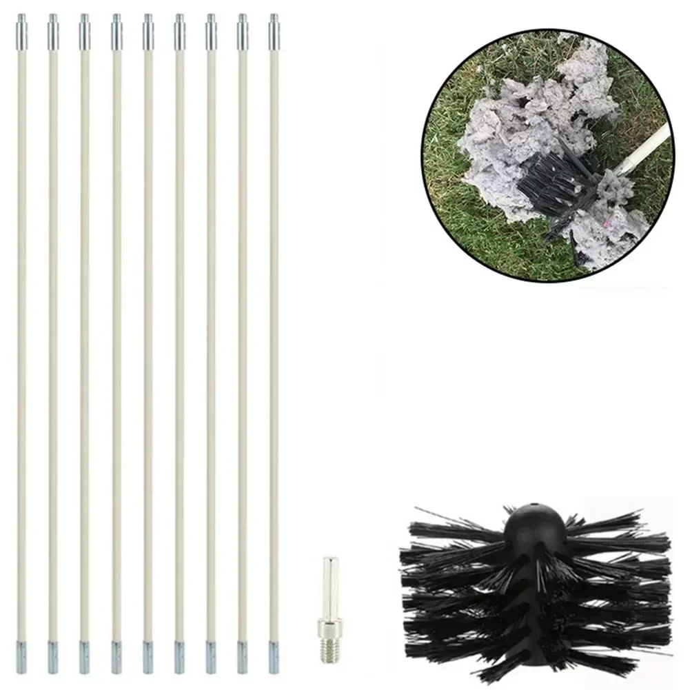 9x Rod Chimney Cleaner Brush Clean Rotary Sweep System Heating Fireplace Kit Tool Set Dryer Duct Inner Wall Cleaning Brushes