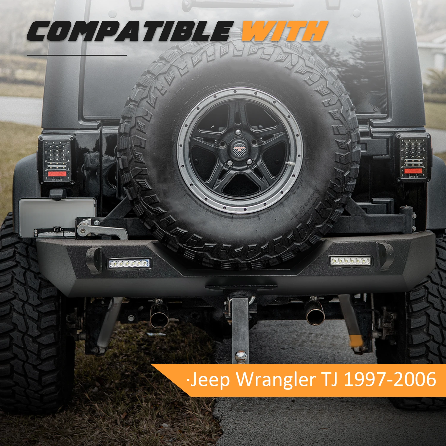 Rear Bumper Compatible with 1997-2006 Jeep Wrangler TJ & Unlimited, Off Road Full Width Bumper w/2 X 18W LED Lights, 2\