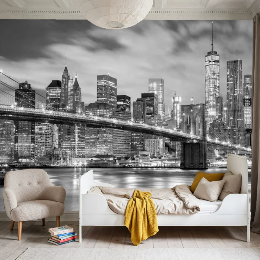 Customized Size Wallpaper Black and White Bridge Night Scene Mural Lighting City Background Decoration Painting 3d wallpaper