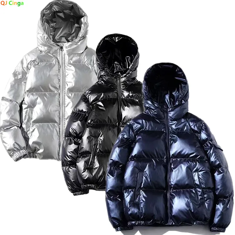 

New Winter Collection: Men's Blue Long-sleeve Hooded Jacket, Silver Glossy Parka, and Black Stylish and Warm Top.