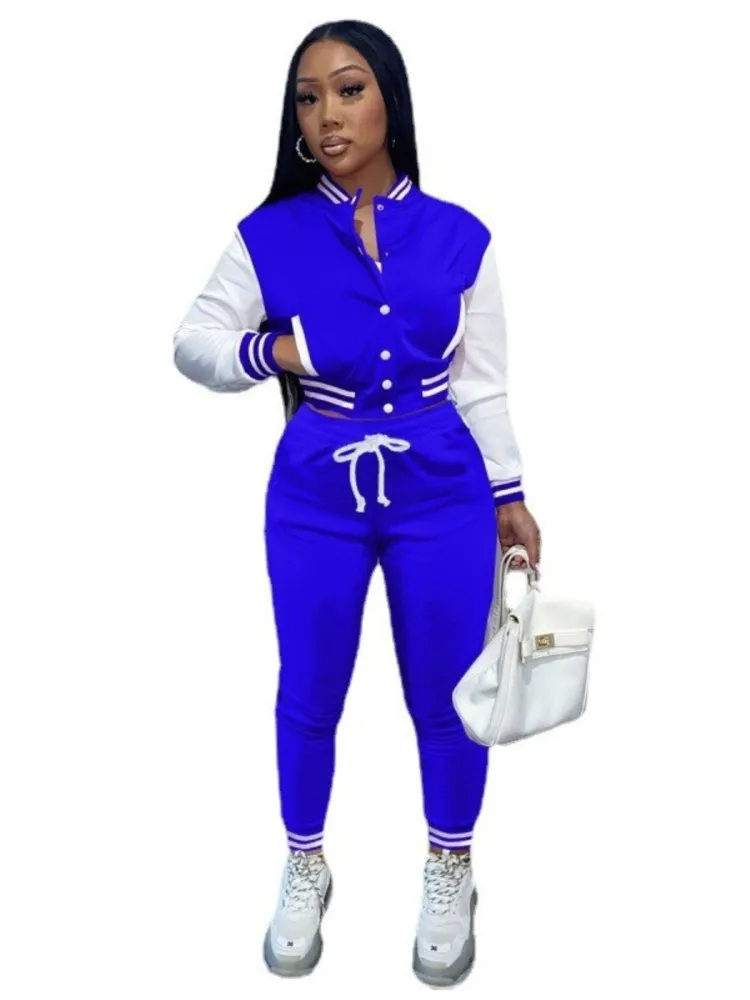 

2025 New Women's Spliced Short Jacket Single-breasted Baseball Suit Women's Clothing Fashion Casual Sports Two-piece Set Females