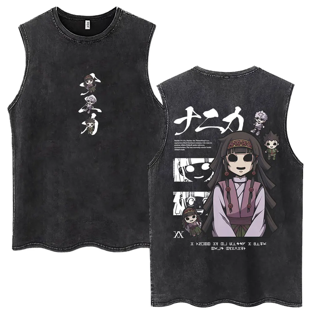 Vintage Washed Anime Hunter X Hunter Tank Tops Kite Phantom Troupe Hisoka Chrollo Sleeveless T-shirt Men Women 100% Cotton Vests view 6