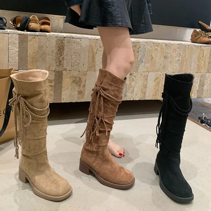 

Зимние женские ковбойские сапоги в стиле вестерн на толстом каблуке с кисточками, элегантная обувь без шнуровки, винтажные тонкие длинные ботинки, Zapatos De Mujer