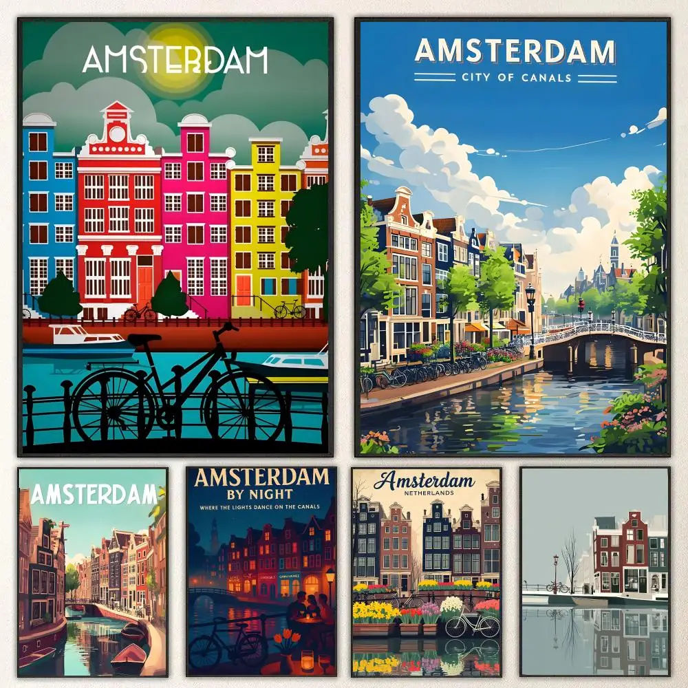 Pattern Amsterdam Canal Poster High-definition  poster stickers, suitable for bedroom, living room, home decoration
