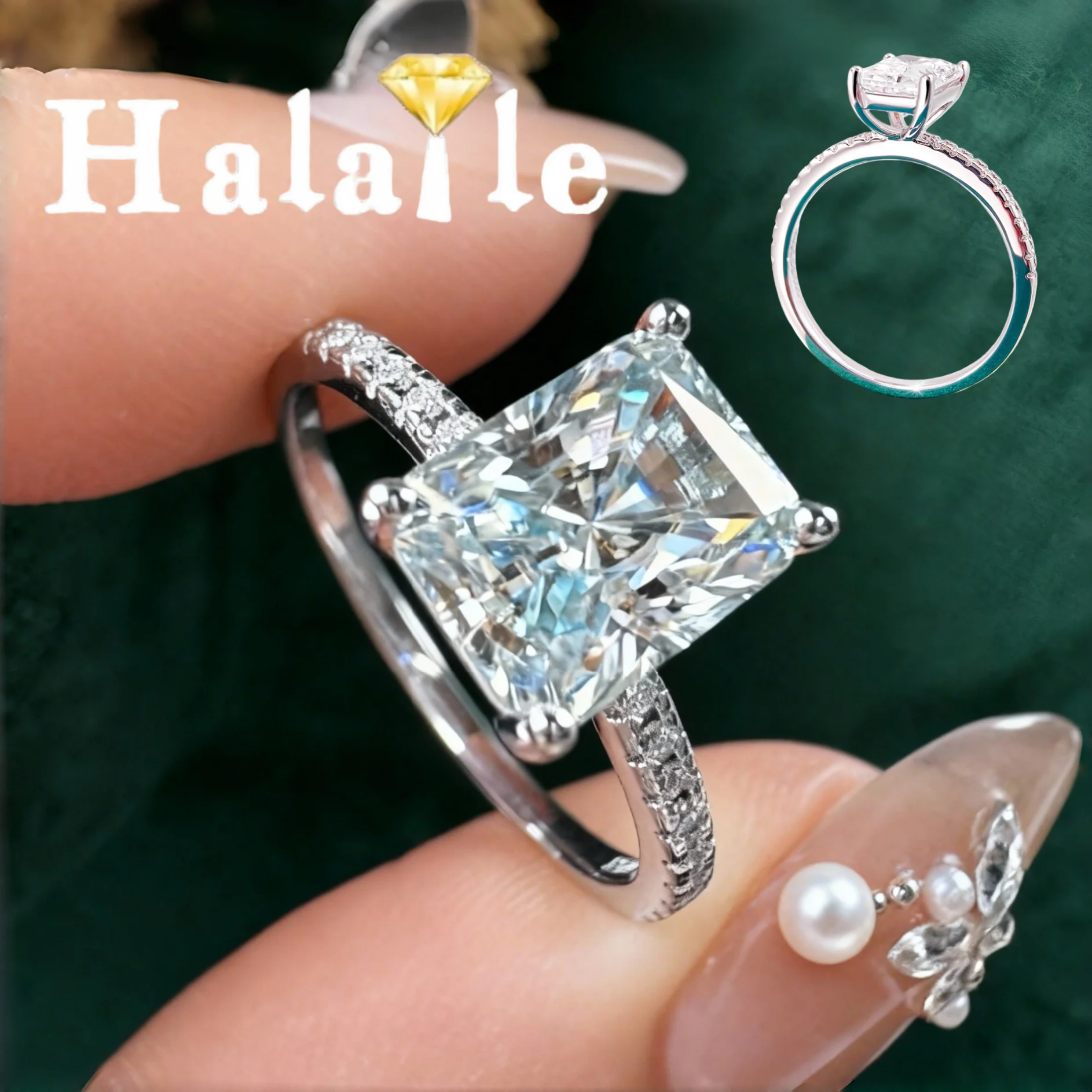 

Halaile 1-4CT D Color Radiant Cut Moissanite Real S925 Sterling Silver Ring Fine Jewelry Women Engagement Wedding Bridal Gift