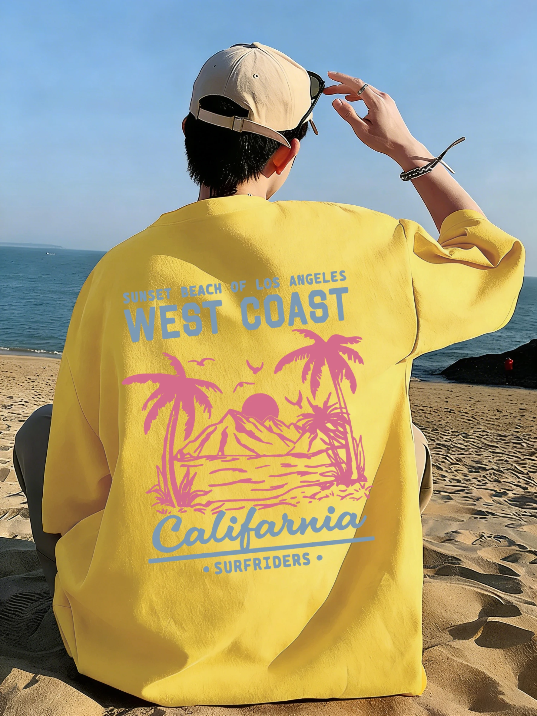 Camiseta de diseño de la costa oeste de California para hombre, ropa básica informal de algodón de manga corta, ropa de moda de verano, ropa de calle unisex con cuello redondo