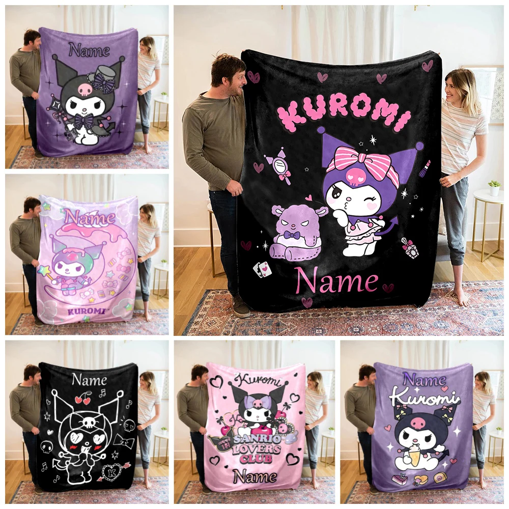 子供の名前が付いたパーソナライズされた毛布,暖かくて柔らかい毛布,キュートで快適,家庭や旅行用,Sanrio Kuromi
