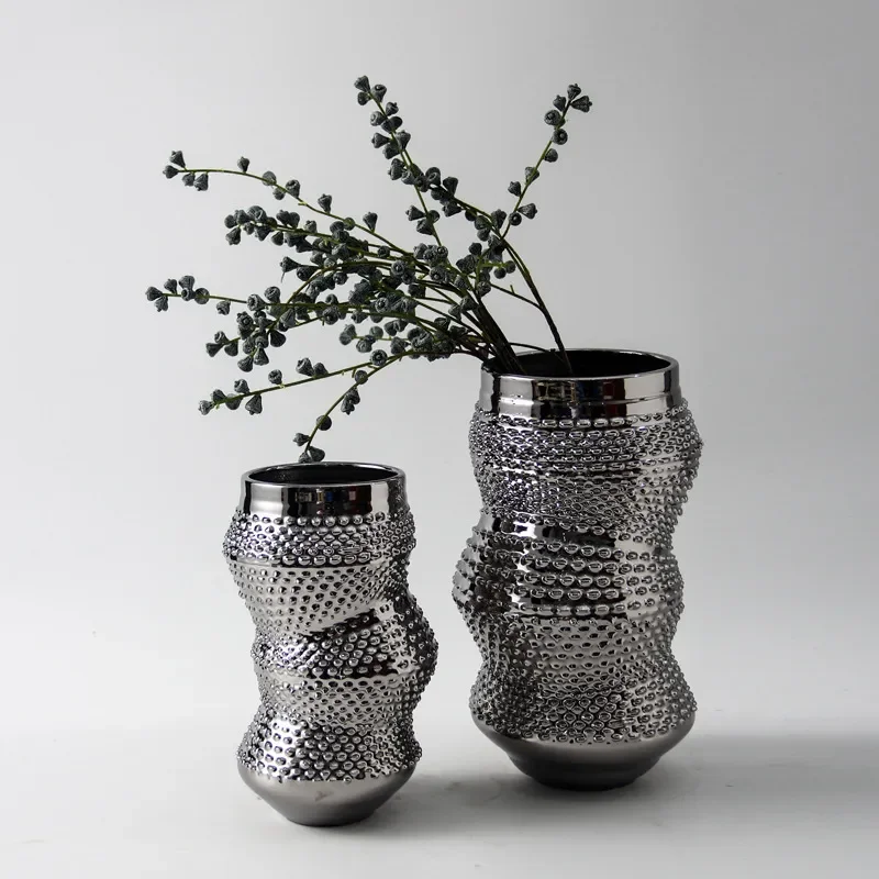 Modern Electroplated Silver Ceramic Vase Luxury Flower Pot Creative Home Decor Ornament for Dry Flower Arrangement High End