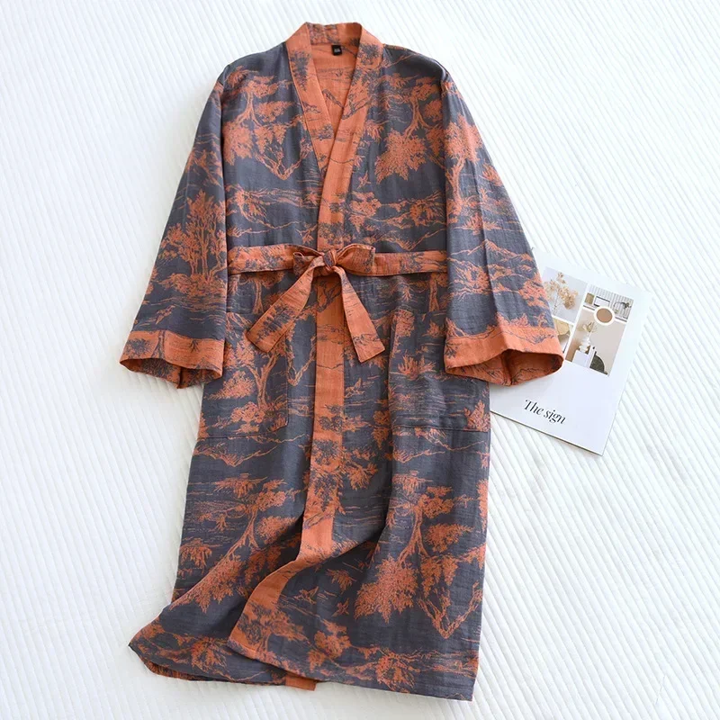 Women\'s Printed Cotton Loose Fitting Bathrobe Japanese Style Tie Up Kimono Bathrobe Sweat Steaming Cotton Pajamas Robes Women