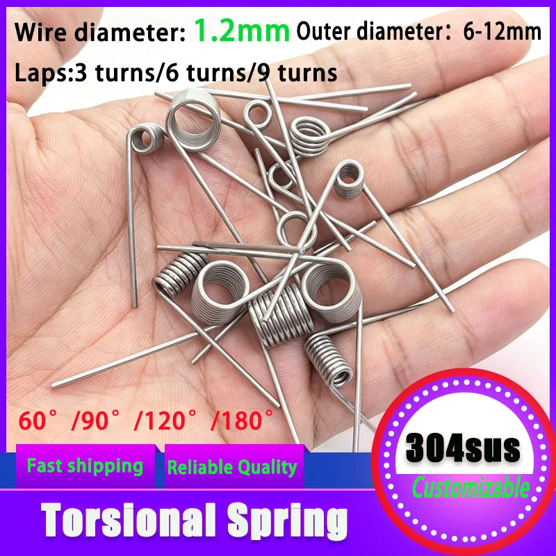 

304 Stainless Steel Precision Right Hand Torsion Spring, Wire Diameter 1.2mm, Multiple Sizes Available