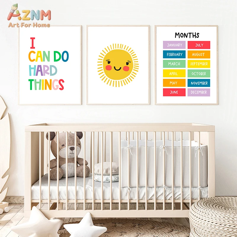 AZNM Educational Solar System Alphabet Canvas Wall Art, I Can Do Hard Things Print Poster, Unframed Montessori Learning Painting