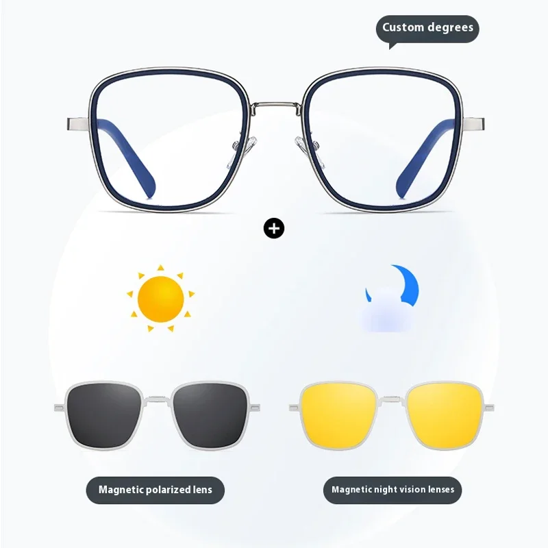 KIZN 3 في 1 قصر النظر النظارات الشمسية الإطار أضعاف متعددة الوظائف المغناطيسي كليب مجموعة الاستقطاب الرجال النساء مخصص البصريات نظارات -0.50 إلى -10