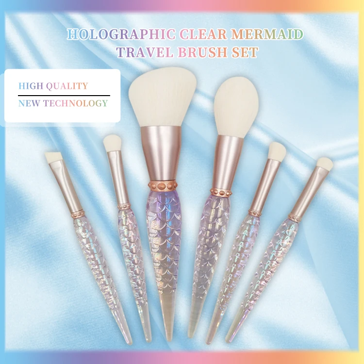 Mermaid Glitter Shinny Crystal 6PCS Makeup Brush Set Cosmetic Beauty Powder Brush Concealer Eye Shadow Complete Makeup Tool Kit