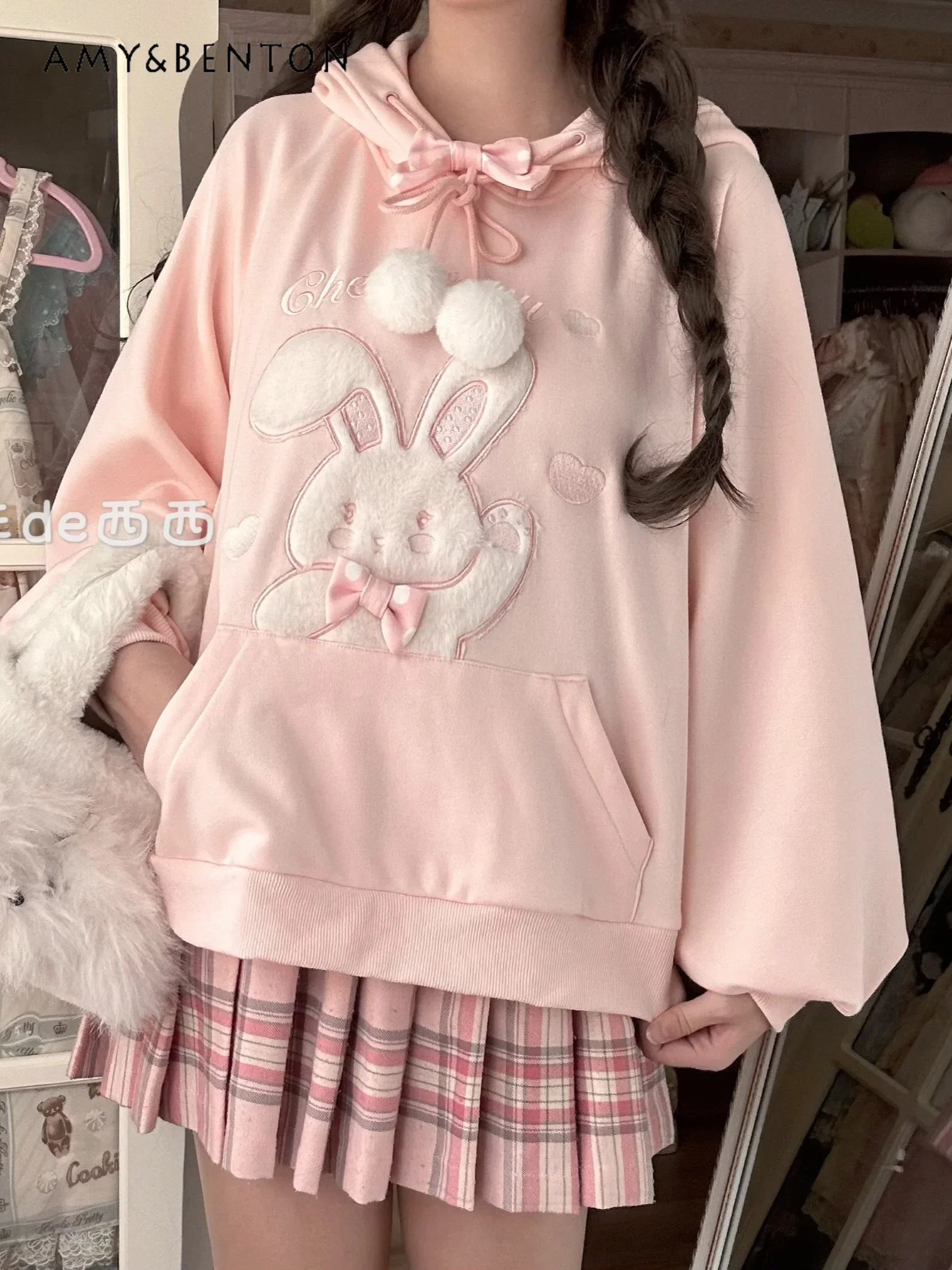 Original Cartoon Plush Rabbit Print Plush Hoodies Women Preppy Style Sweet Bow Hair Ball Pendant Loose Casual Hoodie Students