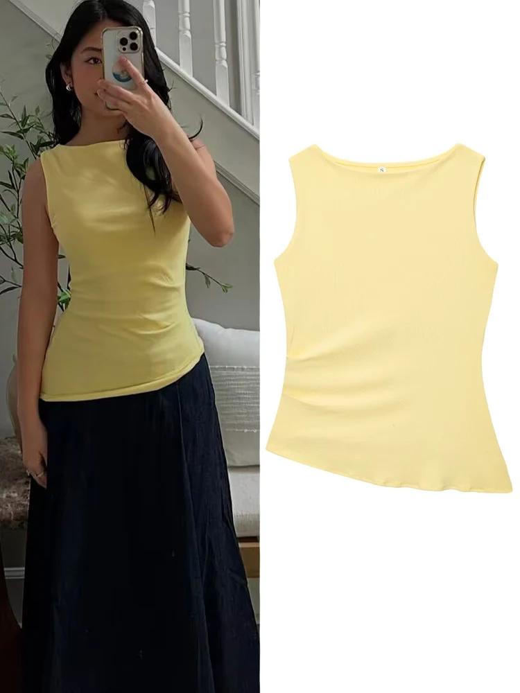 

HXAO летний топ, женская асимметричная футболка с рюшами, желтый топ, повседневная майка без рукавов, 2025 г., женская футболка