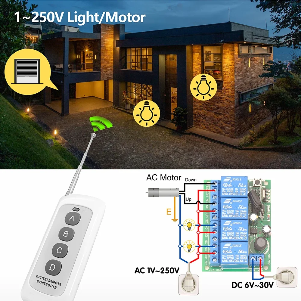 Interruptor de Control remoto inalámbrico RF, 433MHz, CC 6V, 12V, 24V, contacto seco, receptor de relé 10A, transmisor de 500m para Motor de puerta