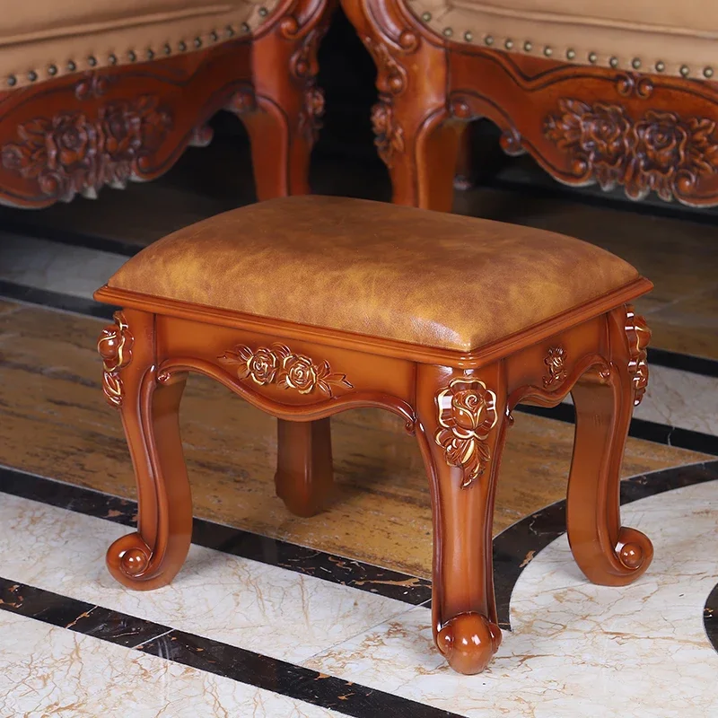 Luxury Leather Carved Stool Retro Low Seat with Cushioned Top Elegant Room Decor Footrest or Decorative Seating Vintage Footrest