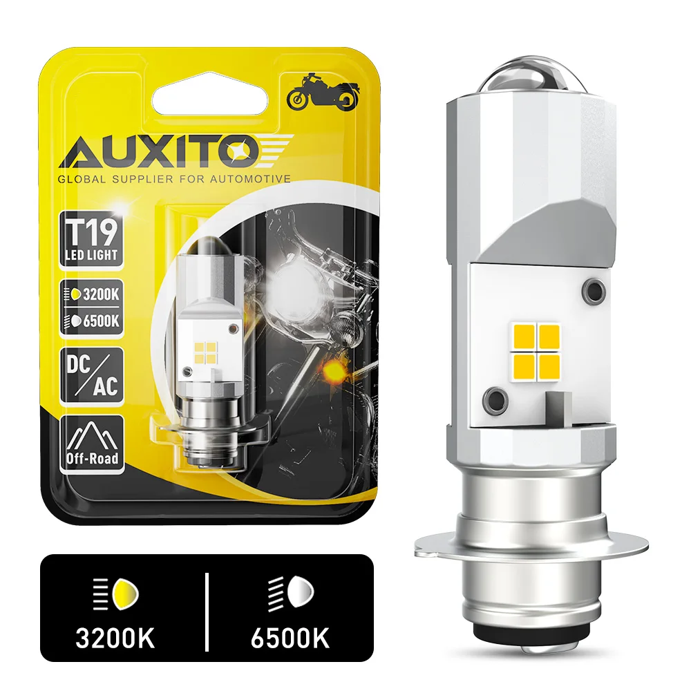 AUXITO-LEDモーターサイクルヘッドライト電球,ハイおよびロービームライト,デュアルカラー,12V, 3200k,イエロー,6500k,ホワイト,t19,p15d,1個