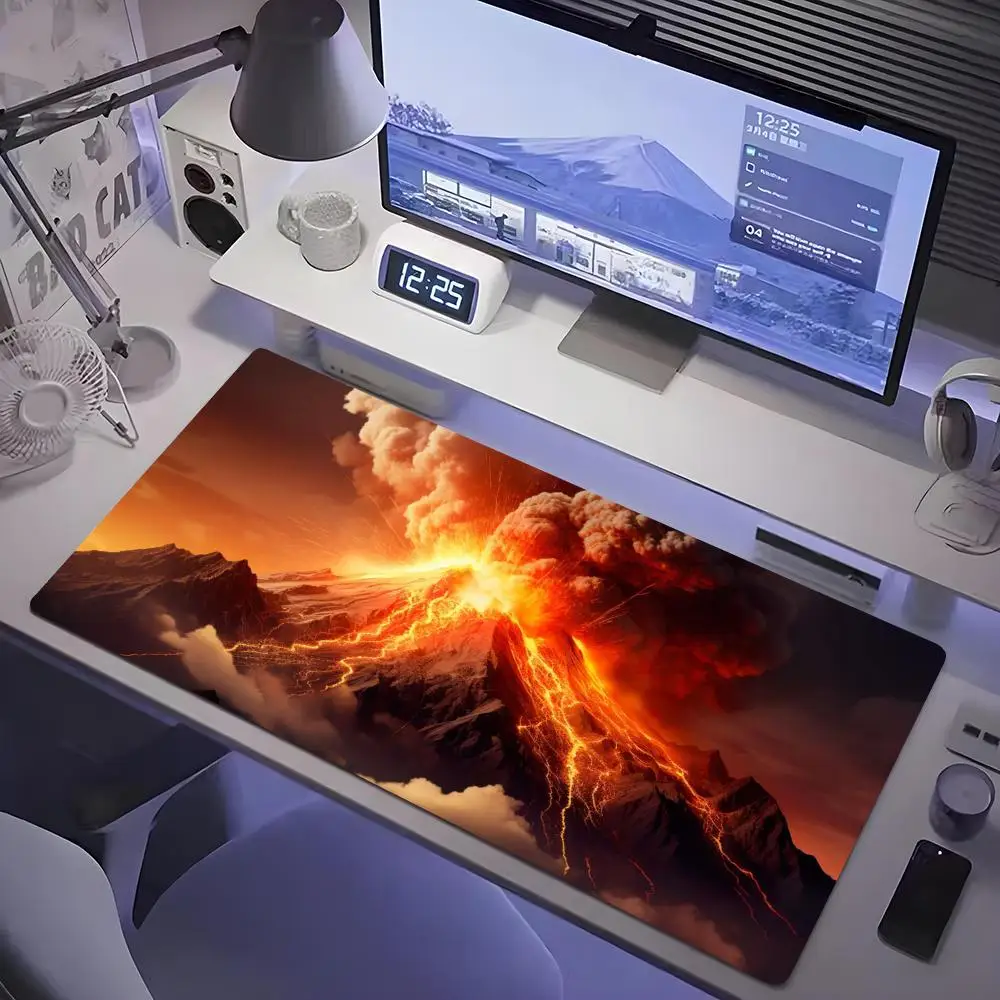 Erupting Volcano Mouse Pad Large Gaming Desk Mat with Non-Slip Rubber Base, Precision Stitched Edges & Washable Surface