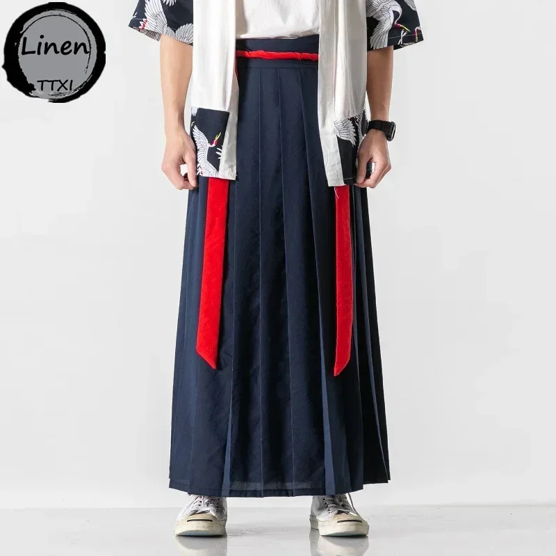 Japanese Harajuku Hakama Mens Linen Wide Pants 2024 Loose Kimono Chinese Black Pants Men Clothing Lace-Up Trousers