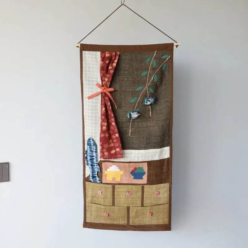 Handmade Fabric Tapestry Wall Hanging Rabbit Bird Patchwork Art Decor Pastoral Home Decoration Storage Bag Pendant Painting