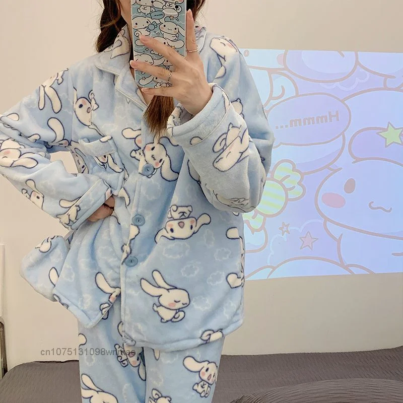 Sanrio Cinnamoroll Plush 2 Pcs Pijamas Sets Kuromi Melody Y2k Cartoon Pyjamas Fleece Flannel Pullover Pajamas Homewear Clothes