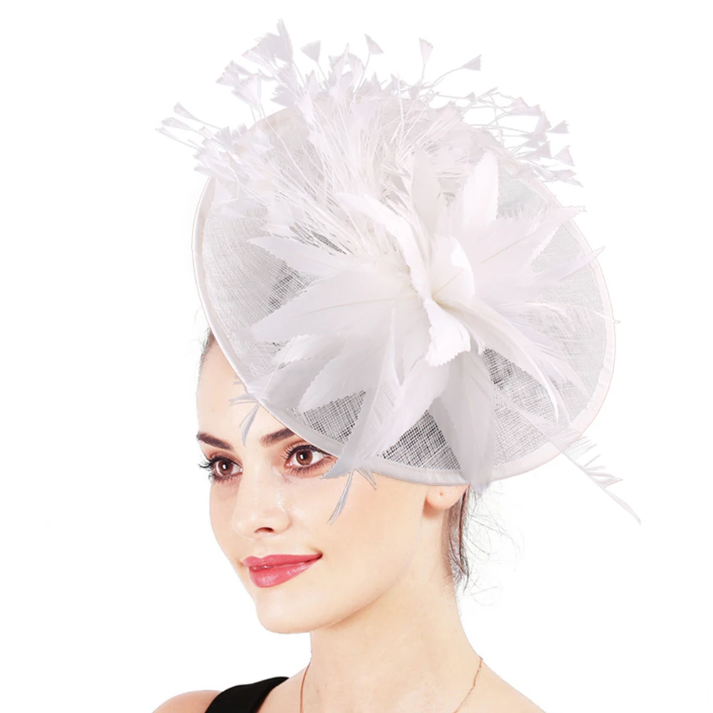 Nice White Lady Fascinator Hats Summer Wedding Big Millinery Vintage Elegant Ladies Fedora Church Bridal Headdress With Feather